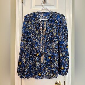 KOBI HALPERIN Stasia Printed Tassel-neck Silk Blend Blouse In Cobalt Multi S b2